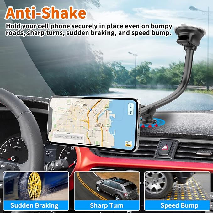 Magnetic Phone Car Mount 14-Inch Gooseneck Long Arm Extension, Universal Windshield Dashboard Industrial-Strength Suction Cup Car Phone Holder for All Cell Phones (Magnetic Phone Mount)