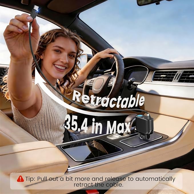 Retractable Car Charger Cigarette Lighter Adapter, 168W 5 in 1 Fast Phone Charging Built-in Replaceable Fuse, Socket Splitter with USB C and USB i Cord, Fit for Phone iPad Galaxy GPS, Black