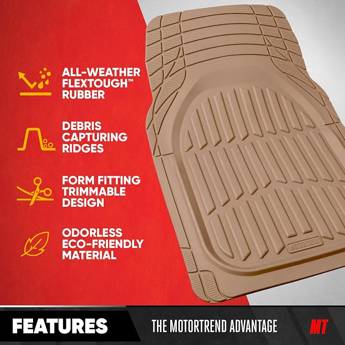 FlexTough LITE Rubber Car Mats Full Set - All Weather Floor Mats for Trucks, Cars & SUVs - Automotive Waterproof Beige Car Floor Mats for Cars Interior Accessories Universal Trim-to-Fit