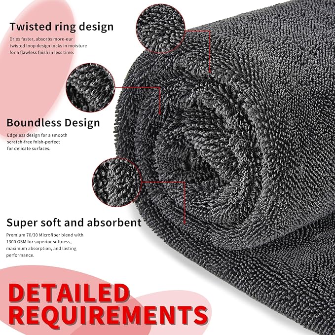 Wasal Car Drying Towel, 24" x 36" XL | 1300 GSM Microfiber, Edgeless Twisted Loop Design, 70/30 Blend, Super-Fast Drying, Streak Free