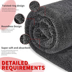 Wasal Car Drying Towel, 24" x 36" XL | 1300 GSM Microfiber, Edgeless Twisted Loop Design, 70/30 Blend, Super-Fast Drying, Streak Free