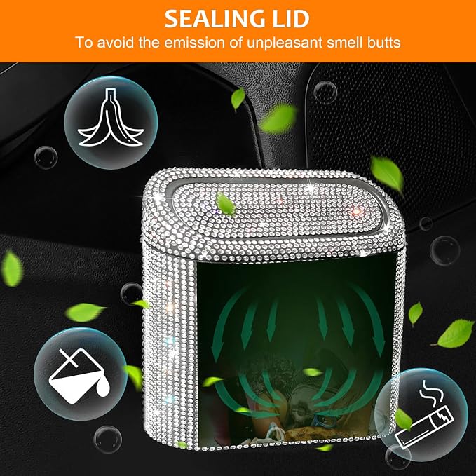 Bling Car Trash Can with 30pcs Garbage Bags, Vehicle Trash Bin with Lid Auto Dustbin Organizer Garbage Storage, Sparkling Crystal Mini Trash Container Holder