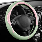 Steering Wheel Cover, Pink Patterned & Green Leather Patchwork Design, Universal Fit 14.5"–15.5", Anti-Slip, Odor-Free, Soft PU Grain Leather, Durable Grip Car Accessory for Girls & Women