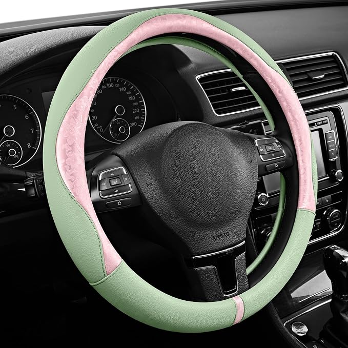 Steering Wheel Cover, Pink Patterned & Green Leather Patchwork Design, Universal Fit 14.5"–15.5", Anti-Slip, Odor-Free, Soft PU Grain Leather, Durable Grip Car Accessory for Girls & Women