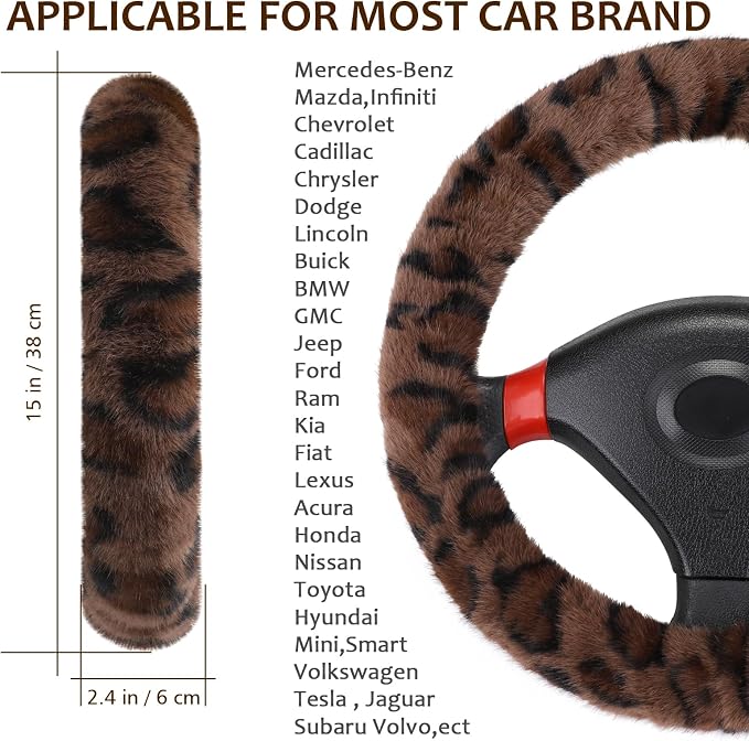 Fuzzy Car Steering Wheel Cover, Universal Fit Fur Auto Wheel Cover & Handbrake Cover & Gear Shift Cover Set, Fashion Leopard Fluffy Steering Wheel Protector Car Accessories for Men Women
