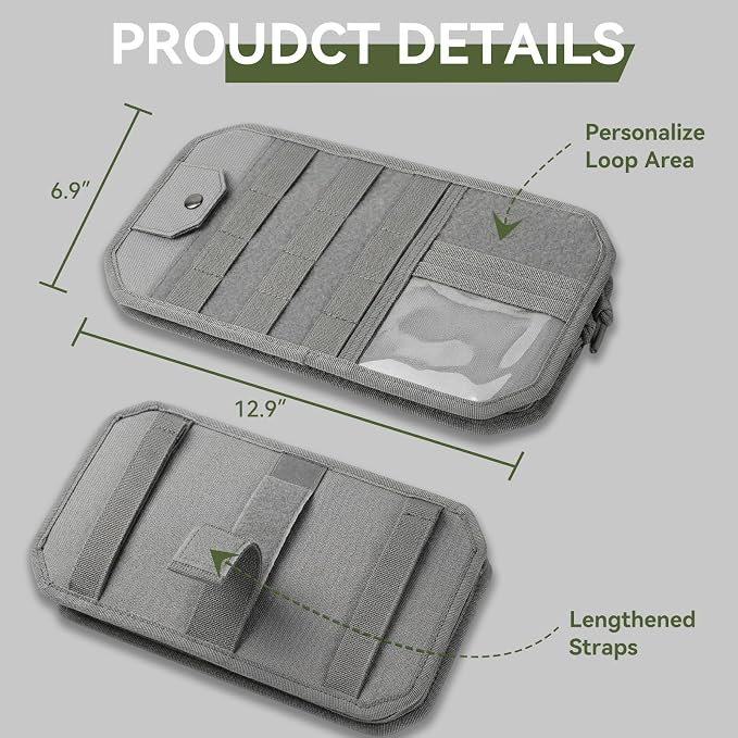 molle Tactical Sun Visor Organizer car Zipper Storage Pouch & Glasses Clip | Police Tactical Visor Molle Panel Interior Vehicle pocket Accessories for Truck Suv Police Car Gear Supplies(Gey)