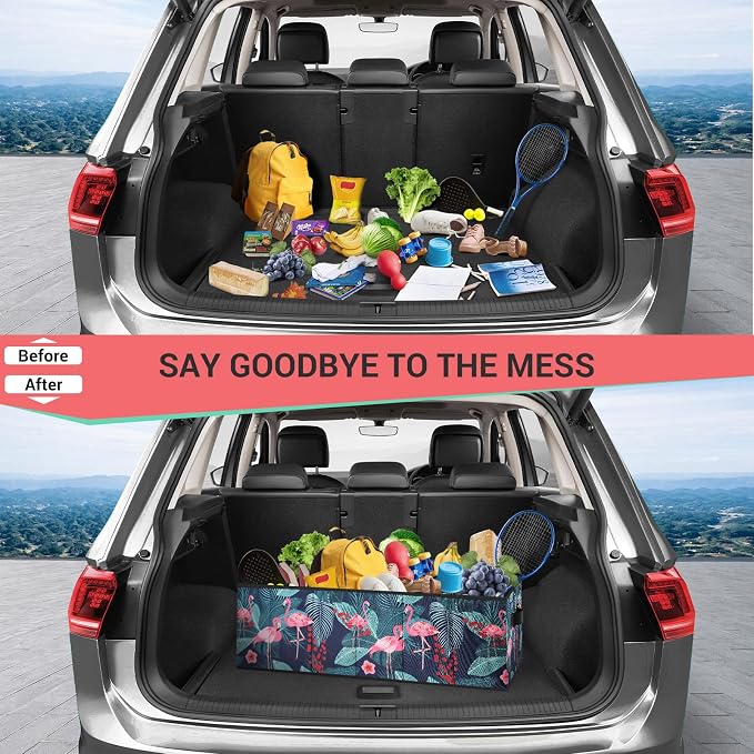 Trunk Organizer, Car Trunk Organizer, Non-Slip Bottom, Sturdy Storage Organizer for SUV, Sedans, Van, Jeep, Grocery, Large 3 Compartments Car Organizer for Women, Flamingo 31.9"×12.6"×10.6"