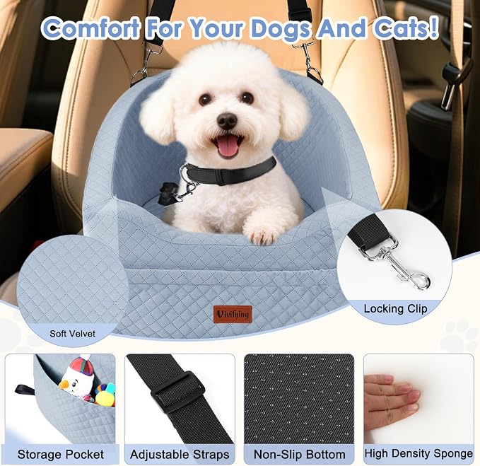 Dog Car Seat for Small & Medium Dogs, Detachable & Washable Booster Seat for Pets Up to 30lbs, Travel Bed with Storage Pockets and Safety Belt – Gray