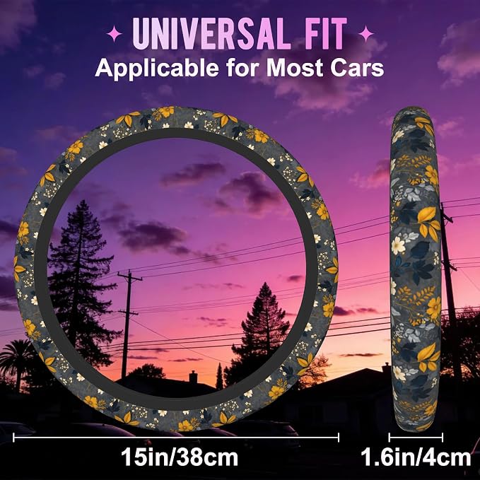 Yellow Wildflower Steering Wheel Cover for Women Men Neoprene Breathable Vintage Floral Wheel Cover Protector Anti-Slip Car Accessories Universal 15 Inch Fit for Cars Trucks Vehicles