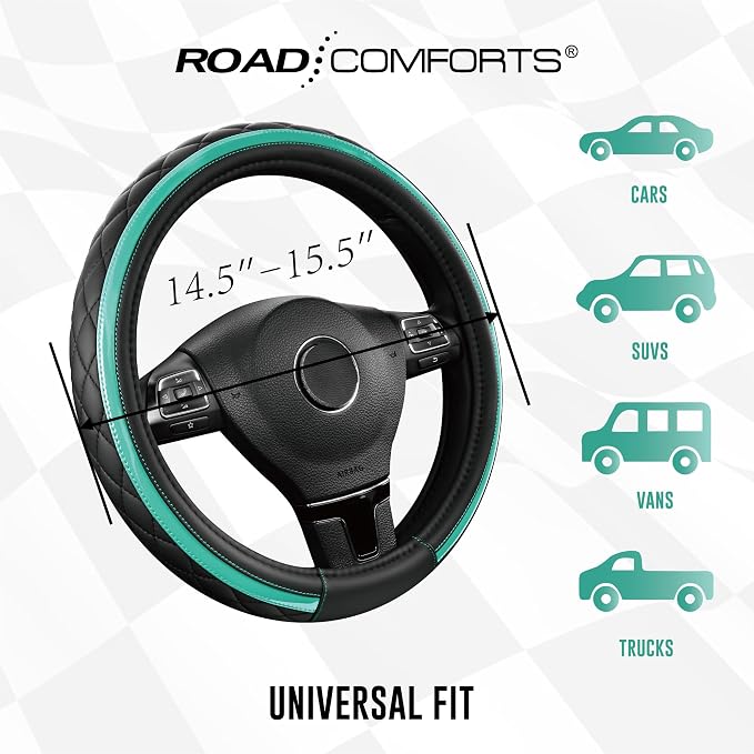 Leather Steering Wheel Cover – Black & Green Universal Fit 14.5-15 Inch, Microfiber Leather, Anti-Slip & Breathable Design for Men and Women
