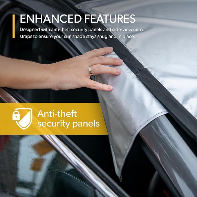 SolarGuard Plus Sunshade for Car Windshield - Reflective Car Shades for Windshield, Blocks Damaging UV Rays - for Use on Front Window Exterior, Includes Security Flaps - Silver, Standard Size