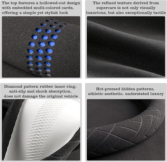 Car Leather Steering Wheel Cover - Panapi Material, Universal 14.5-15 Inch Leather Anti-Slip Breathable Auto Steering Wheel Covers for Men Women (Suede-Black with Blue Mark)