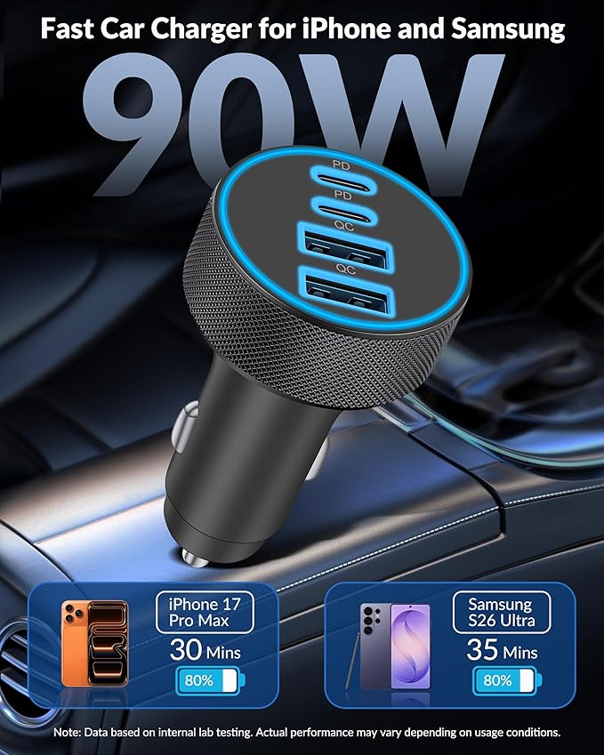 for iPhone 17 16 15 Pro Max Car Charger, 2-Pack 90W 4-Port Car Charger USB C Fast Charge Cigarette Lighter Adapter Accessories with 240W 3FT USB C Cable for iPhone 17/17 Pro/Air/16/15 Pro Max, Android
