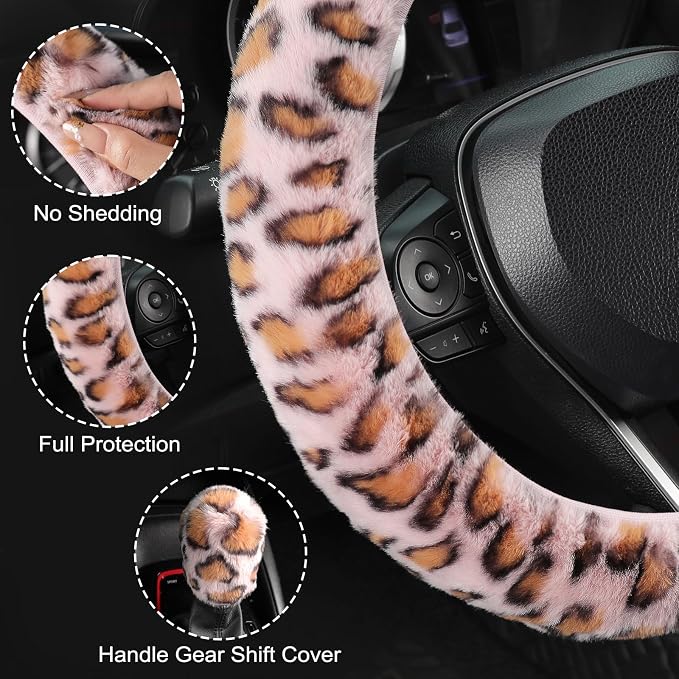 Furry Car Steering Wheel Cover with Gear Shift Cover, Soft and Warm, Cute Fluffy Auto Decor for Women Men, Standard Size, 2 PCS Set, Pink Leopard