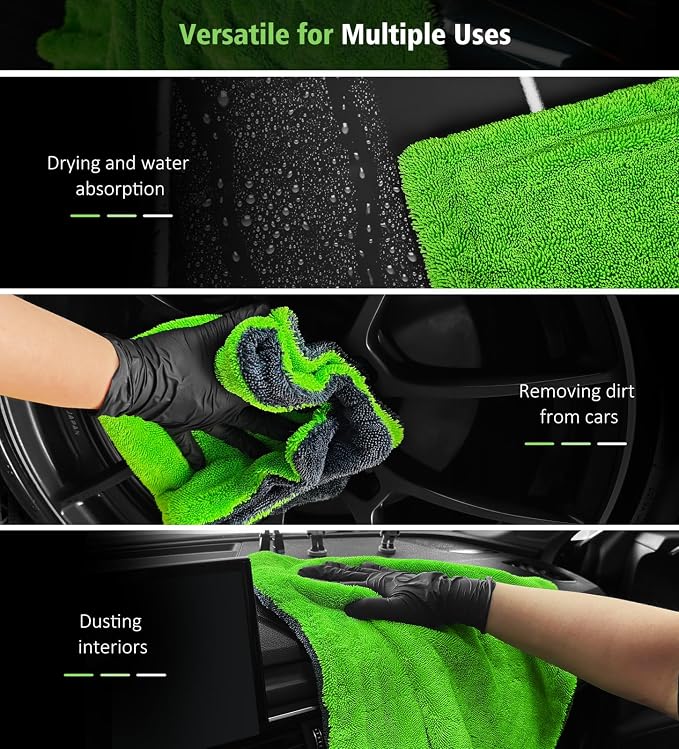 2-Pack 16"x16" Car Detailing Drying Towels, 1400 GSM Microfiber Drying Towels, for Final Water Chasing, Safe Drying of Gaps, Mirrors & Vehicle Interiors, Green