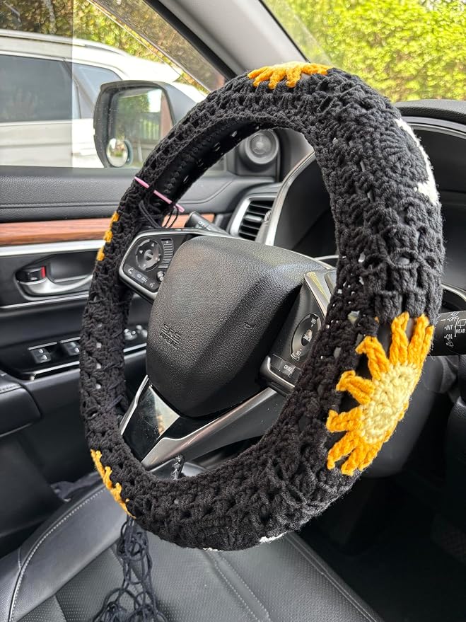 Handmade Crochet Sun Moon Car Steering Wheel Covers Universal 14-15 inch,Cute Steering Wheel Cover,Car Accessories (Black Steering Wheel Cover)