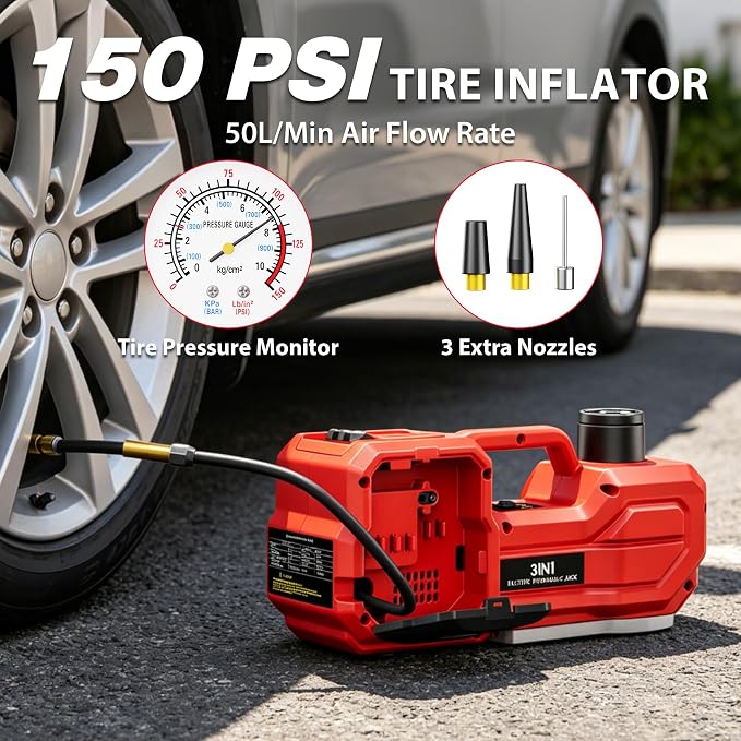 6T Electric Car Jack, 12V Portable Hydraulic Jack with Built-in Inflatable Pump, 550N·m Impact Wrench & LED Light, Lifting Height 6.1-17.7 Inch for SUV/Sedan/Truck/MPV Tire Change & Garage Repair