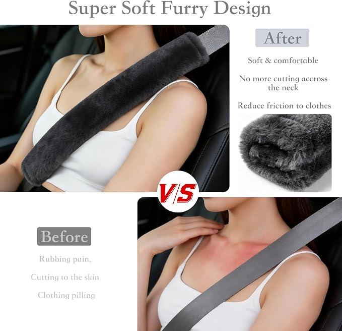 Soft Faux Fur Universal Fit Seatbelt Cover Car Truck SUV Airplane Seat Belt Shoulder Pad for Carmera Backpack Straps Neck Cushion Protector Extra Long 19.7in Dark Gray