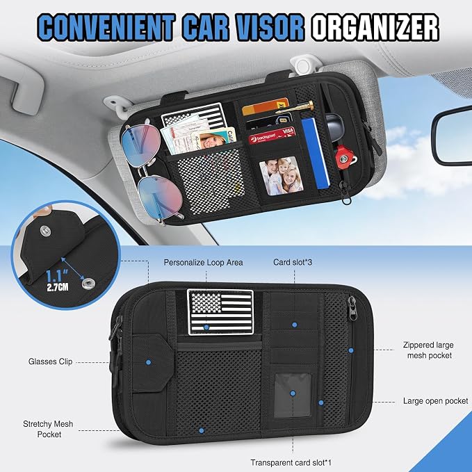Car Sun Visor Organizer, Tactical Car Accessories with Zipper Storage Pouch, Glasses Clip Card Sleeve Pocket, Multi-Pocket Visor Organizer Fits Most Cars, SUVs, Trucks