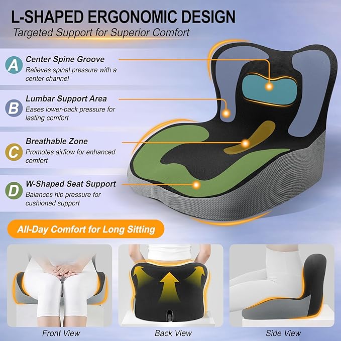 Car Seat Cushion with Lumbar Support Pillow, Car Back Support | L-Shaped Ergonomic Memory Foam Seat Cushion, Car Seat Cushions for Driving, Driver Cushion and Back Support for Car, B&G