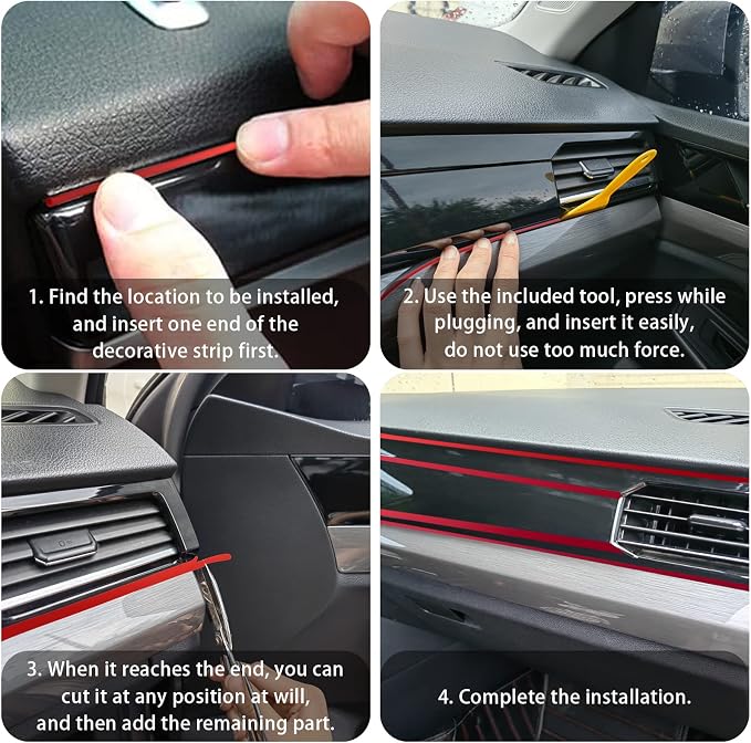 Car Interior Trim Strips,Universal 9.8 ft Car Electroplating Decoration Styling Door Dashboard, Flexible Interior Trim Accessories with Installing Tool(Red)
