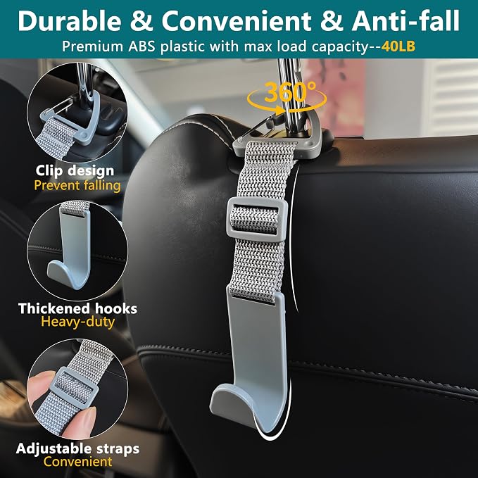 Headrest Hooks for Car Adjustable 4 Pack Vehicle Seat Back Organizer Storage Hanger Holder for Purse Bags Universal Fit with Clip Gray