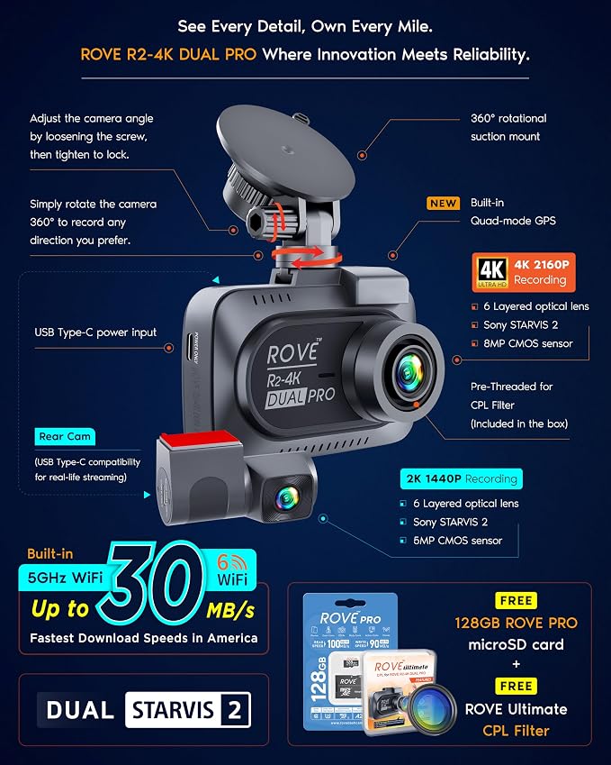 R2-4K Dual PRO Dash Cam Front and Rear, 4K+2K Dash Camera for Cars, Dual STARVIS 2 IMX678 + IMX675 Sensors, Free 128GB Card + CPL, WiFi 6 - up to 30MB/s Download Speed, 3" IPS, 24Hr Parking Mode