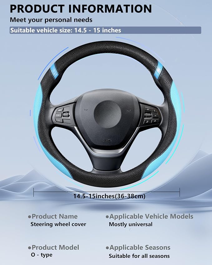Universal Leather Steering Wheel Cover for Women Steering Wheel Cover for Car 15 inch (Blue)