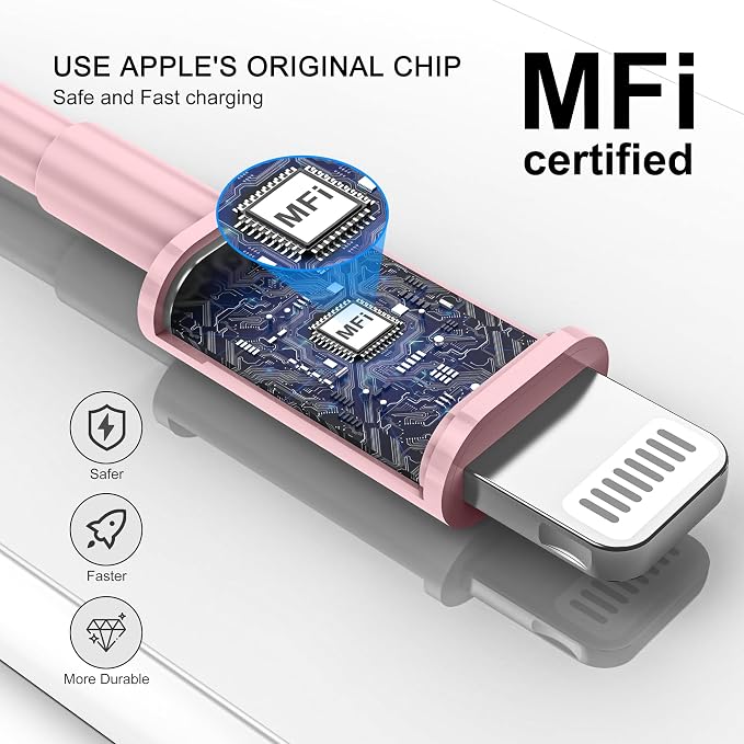 Car iPhone Carplay Cable, Car Charger Cord, USB A to Lightning Cable Fast Charging & Data Transfer for iPhone 14/13/12/11 Pro Max XR XS X 8 7 6 Plus SE Tangle-Free,3ft Pink