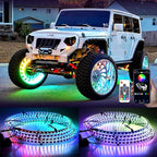 RGB Wheel Lights, Double-Sided Glow Ring Light Hub Kits for Cars Truck SUV | 12V DC, 4PCS, 17inch, Waterproof, Underglow Accessories Controlled by Remote and APP, with Turn & Braking Signal, Music Sync