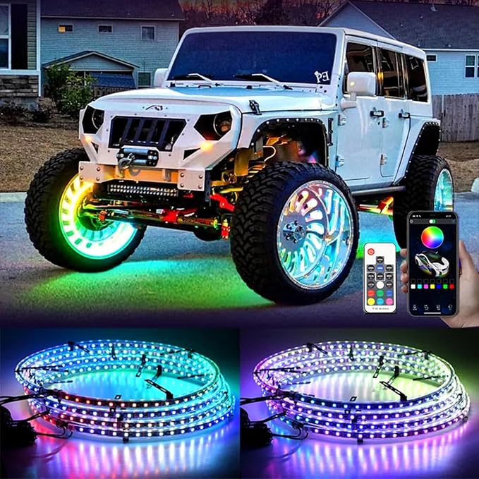 RGB Wheel Lights, Double-Sided Glow Ring Light Hub Kits for Cars Truck SUV | 12V DC, 4PCS, 17inch, Waterproof, Underglow Accessories Controlled by Remote and APP, with Turn & Braking Signal, Music Sync