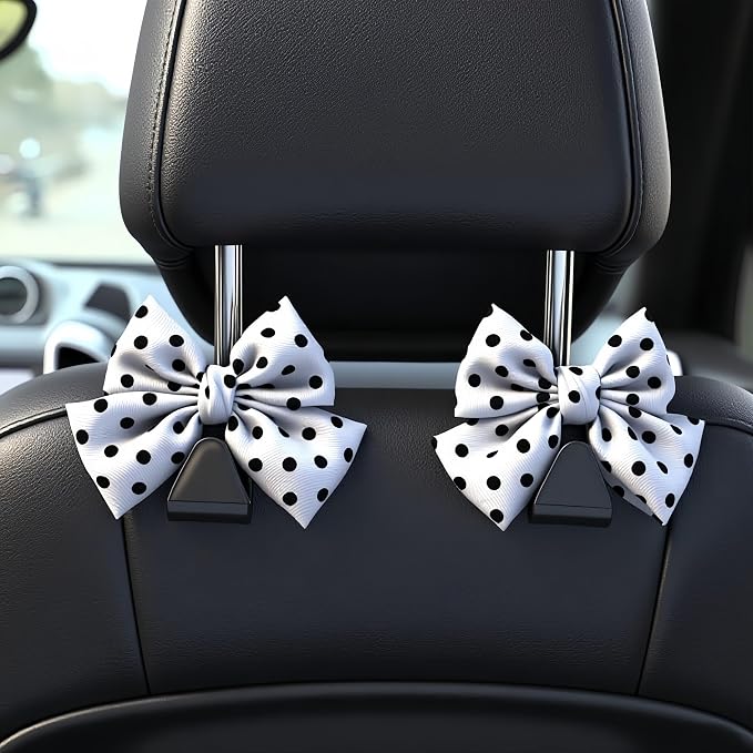 2-Pack Car Purse Hooks for Hanging Purses and Bags, Cute Bow car seat headrest Hooks for Hanging car Purse Hooks. (White Wave Point)