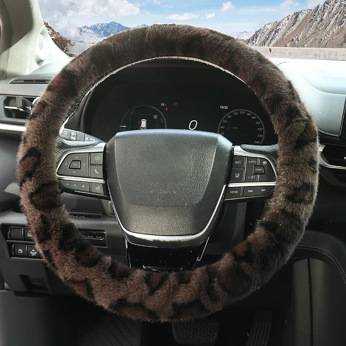 Fuzzy Car Steering Wheel Cover,Universal Fit Fur Auto Wheel Cover,Leopard Warm Fluffy Vehicle Wheel Protector Car Accessories,Cheetah Print Steering Wheel Cover for Men Women (Brown)