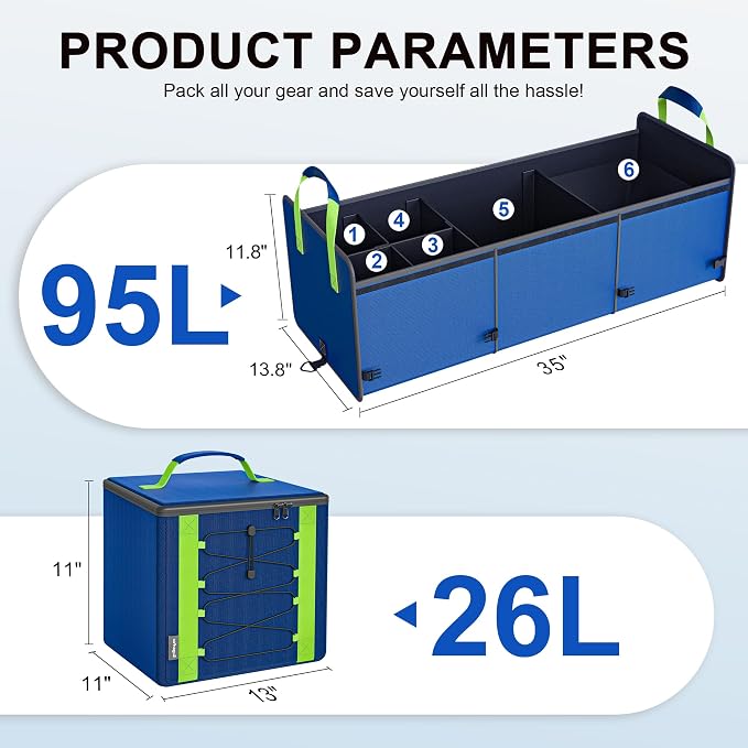 Bold Color Block Trunk Organizer | 95L, 35"x13.8"x11.8" | Dedicated Shoe Storage & 26L Ice Pack | Foldable for SUV/Car/Jeep | Car Accessories for Men & Women - Blue-X212