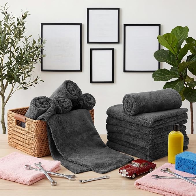 20 Pcs 16 x 16 Inch Edgeless Microfiber Plush Towels for Cars Detailing Drying Wash Polishing Absorbent Cleaning Cloths, 500 GSM (Gray)