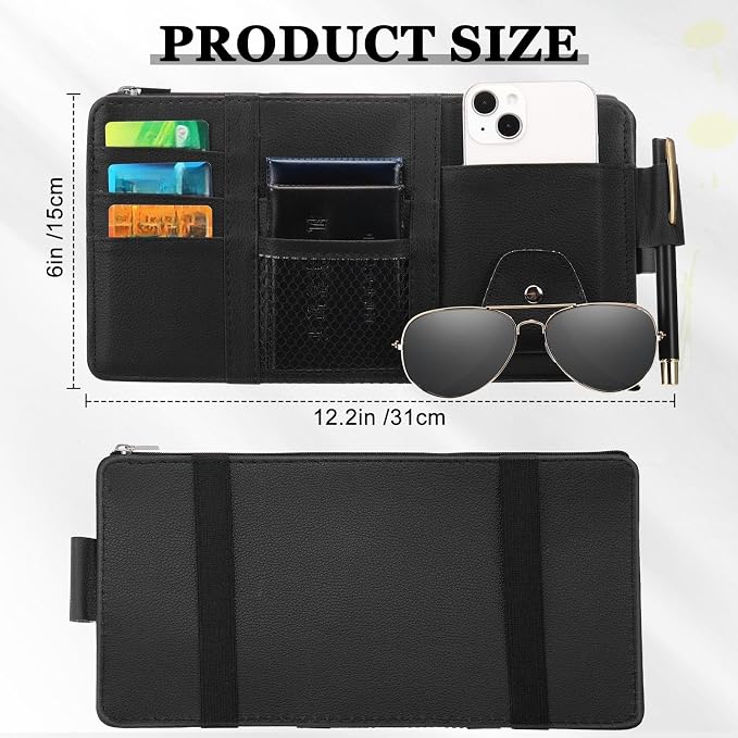 2 Packs Car Sun Visor Organizer, Sunglasses Holders for Car Sun Visor PU Auto Interior Accessories Storage Travel Document Holder with Multi Pocket (Black, Gray, 12.2 x 6.1 Inches)