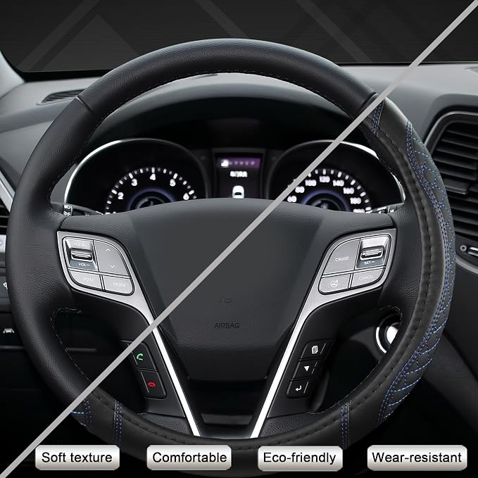 Customized Auto Car Steering Wheel Cover for Hyundai,Tucson,Sonata,Elantra,Santa Fe,Genesis,Sonata Hybrid,Azera,Venue,Kona, 14.5-15 inches(Diamond Quilted-Black+Blue-Standard Size)