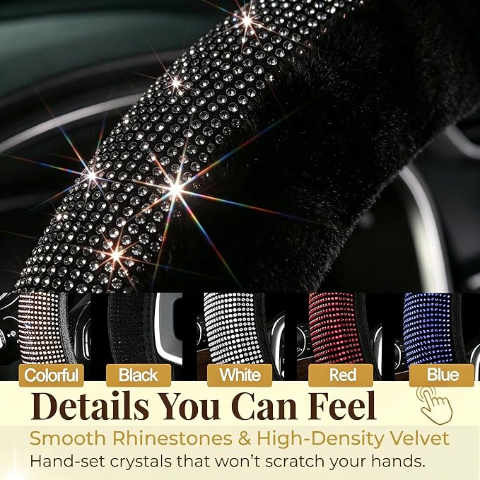Black Bling Steering Wheel Cover Fluffy Rhinestone for Women Girls | Diamond Elastic Car Steering Wheel Accessories Sparkling Fur Steering Wheel Protector Winter Warm Universal Fit 14-15 inch