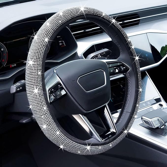Bling Rhinestone Steering Wheel Cover with Crystal Diamond for Women, Sparkling Car Wheel Protector Universal Fit 14-15 inches - White