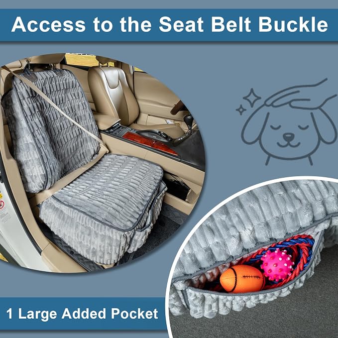 Dog Car Seat Cover for Front Seat, Soft Plush Waterproof Pet Protector with Non-Slip Bottom, Full Coverage with Side Flaps, Against Hair, Dirt and Scratches for SUVs and Trucks (Grey, Front)