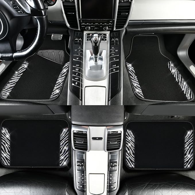 Bling Zebra Car Mats Rhinestones Diamond Waterproof Floor Mat Crystal Sparkly Shining Glitter Carpet Anti-Slip PVC Heel Pad, Universal Fit Automotive SUV,Sedan,4pcs Girly Women, Zebra Diamond