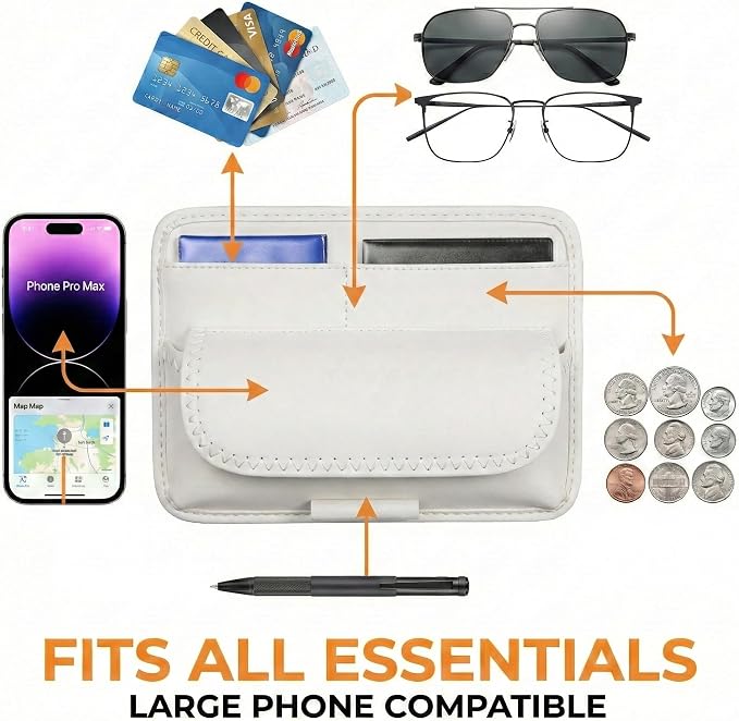 Car Visor Organizer – Sun Visor Storage Pouch Holder for Vehicle Truck SUV, PU Leather Auto Interior Accessories for Registration Document, Gas Card & Sunglasses, Universal Fit (White) | Keeps Registration, Cards & Sunglasses Neatly Within Reach