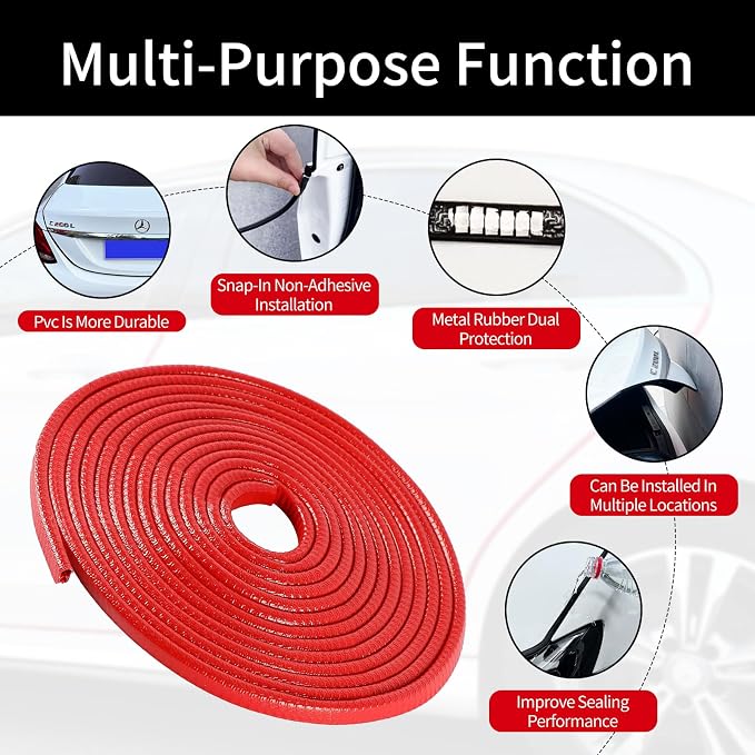Car Door Edge Guards, 16Ft Rubber Seal Car Door Edge Trim, U Shape Door Edge Protector Guard, Aluminum Weather Proofing Automotive Door Edge Molding, Protection for Most Cars (Red)