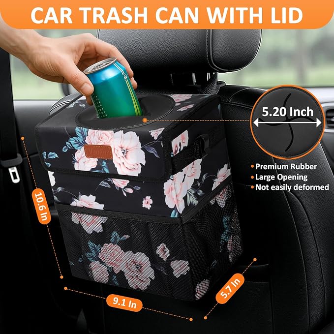 Car Trash Can for Car Cute,Bag Bin Hanging Waterproof Automotive Garbage Cans Leak Proof Vehicle Trash Can Black Floral