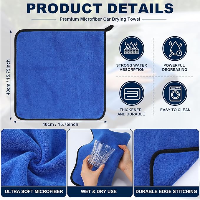 20 Pcs Microfiber Car Drying Towels Microfiber Cleaning Cloth 800 GSM Thick Plush Cleaning Dusting Cloth Auto Detailing Absorbent Towels Rags for Car Household Kitchen Window (Blue)