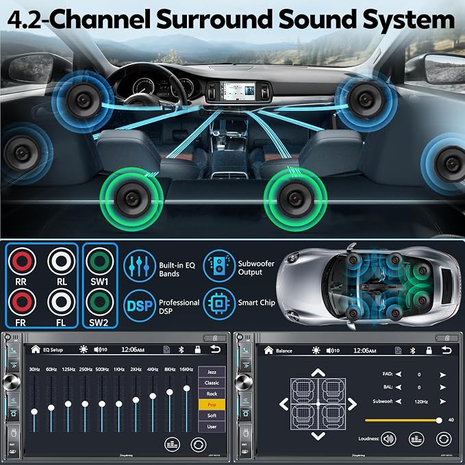 7" Double Din Car Stereo with Wireless Apple CarPlay & Android Auto, QLED Touchscreen, Bluetooth, Backup Camera, 4.2-CHN Audio, 2 Subwoofer Outputs, AM/FM Car Radio