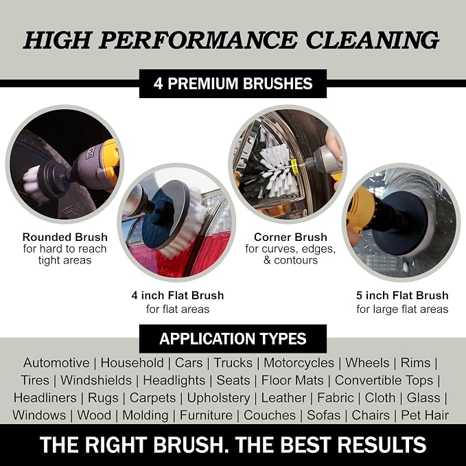 Interior Car Detailing Set - Soft Bristle Power Scrubber Attachments for Cleaning Car, Truck, Upholstery, Carpet, Leather, Seats, Wheels, Rims, Dash, Console, & Trim - Nylon Auto Scrubber