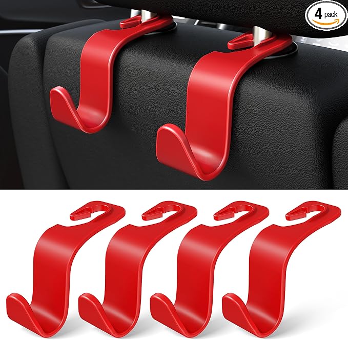 Car Seat Headrest Hook 4 Pack Hanger Storage Organizer Universal for Handbag Purse Coat Universal fit Vehicle Car Red with Clip