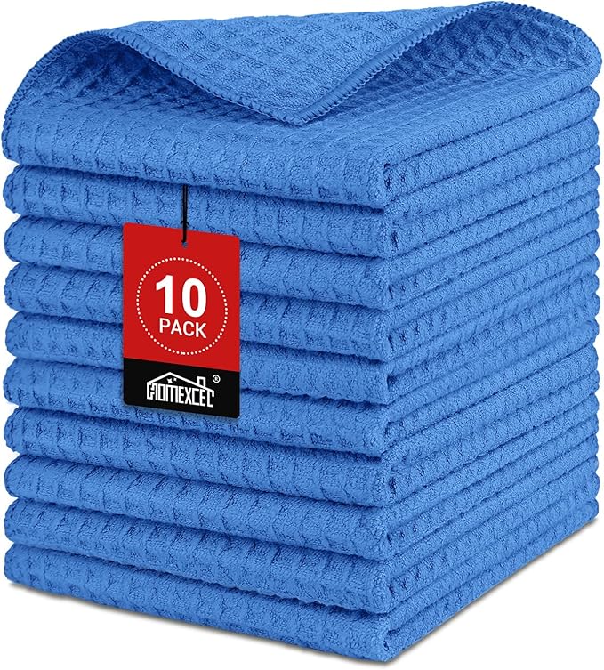 Waffle Weave Microfiber Towel, 10 Pack Lint Free Cleaning Rags, 12 x 12 Inches Barista Towels, Reusable Microfiber Cleaning Cloth for Household, Kitchen, Glass and Window, Blue