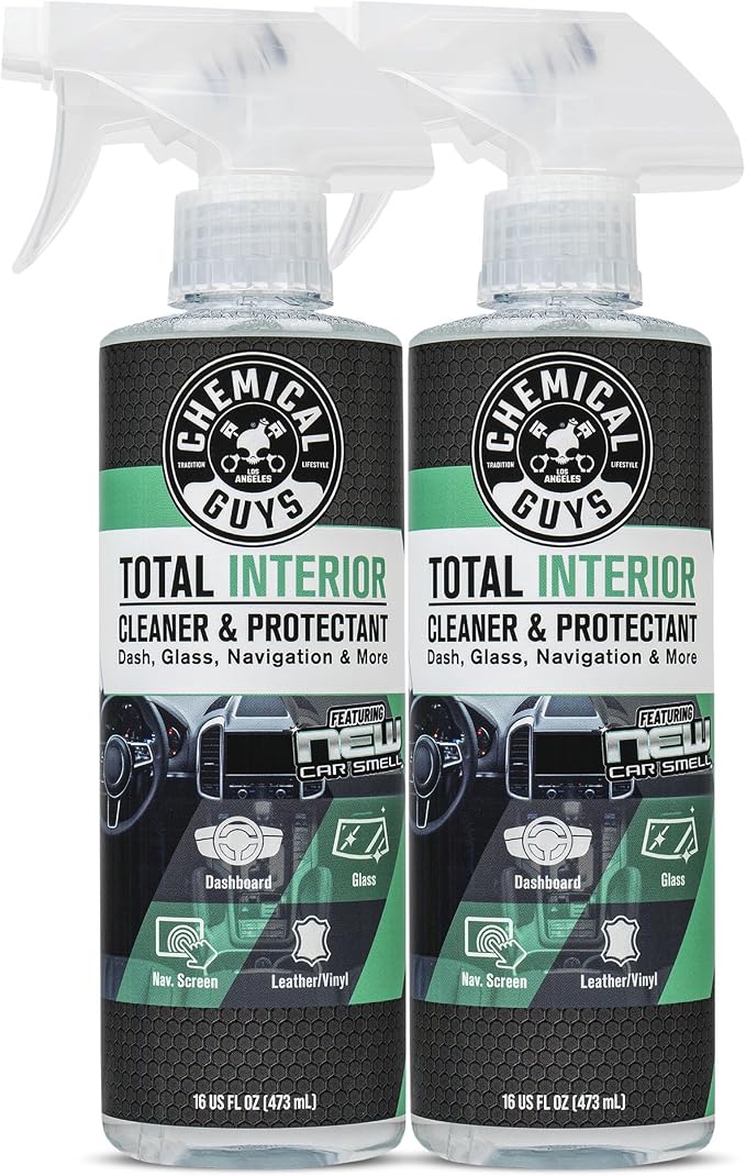 Total Interior Cleaner and Protectant for Cars, New Car Scent | Cleans and protects interior plastic, vinyl, leather, nav. screens, safe for cars, trucks, SUVs, Jeeps and RVs. 2 Pack